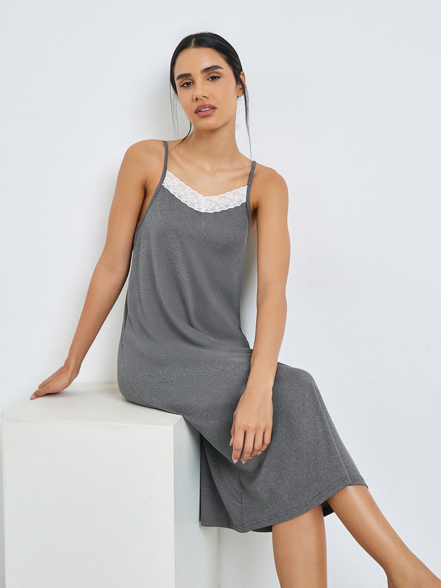Grey Contrast Lace Melange Slip Dress