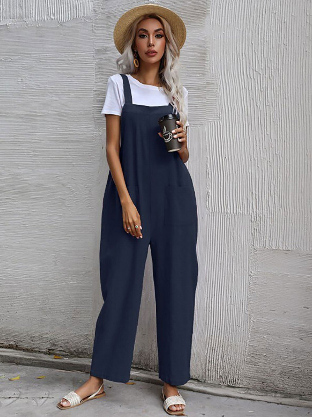 Navy Blue Shoulder Strap Relaxed Fit Cotton Jumpsuit
