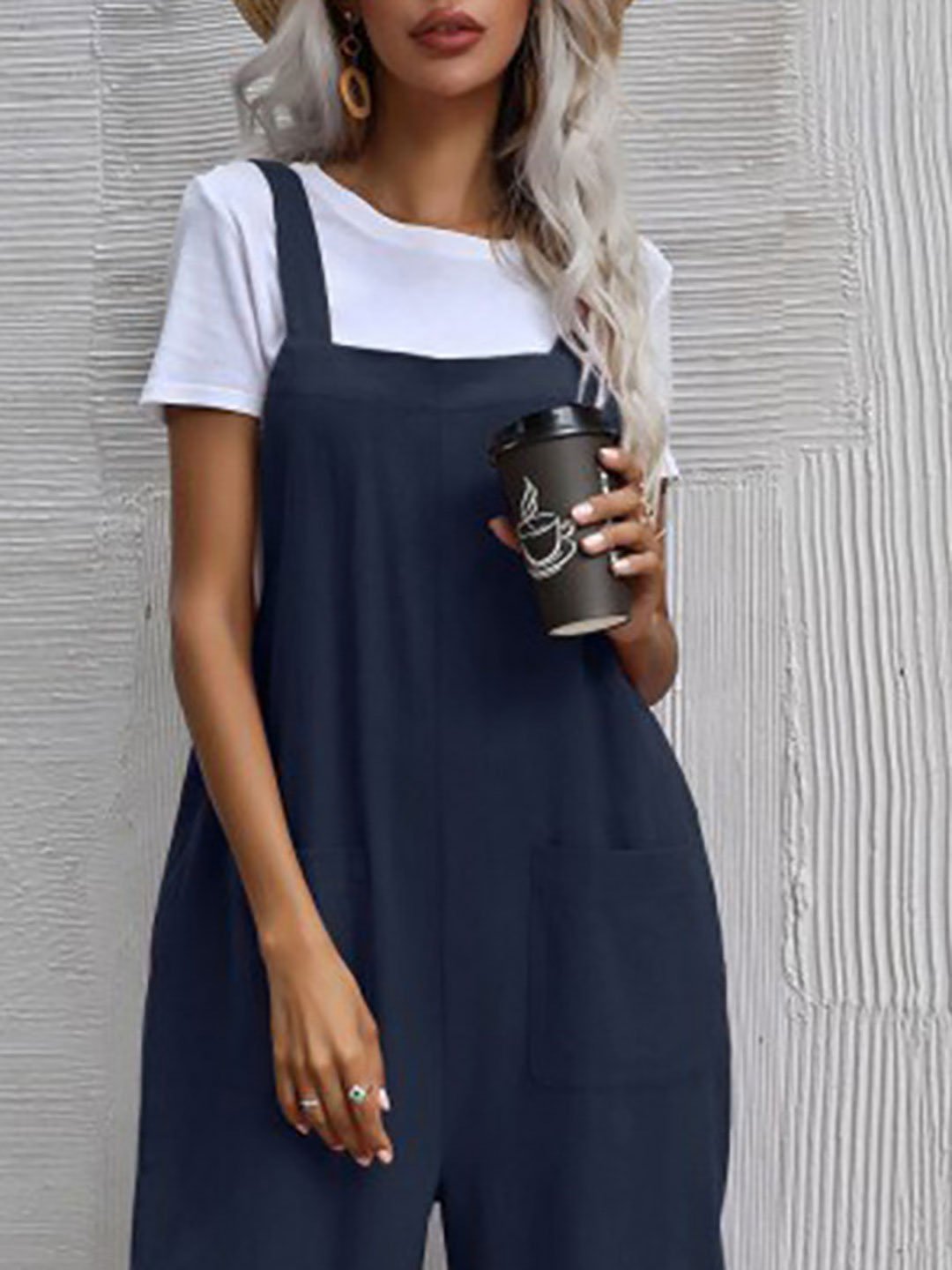 Navy Blue Shoulder Strap Relaxed Fit Cotton Jumpsuit