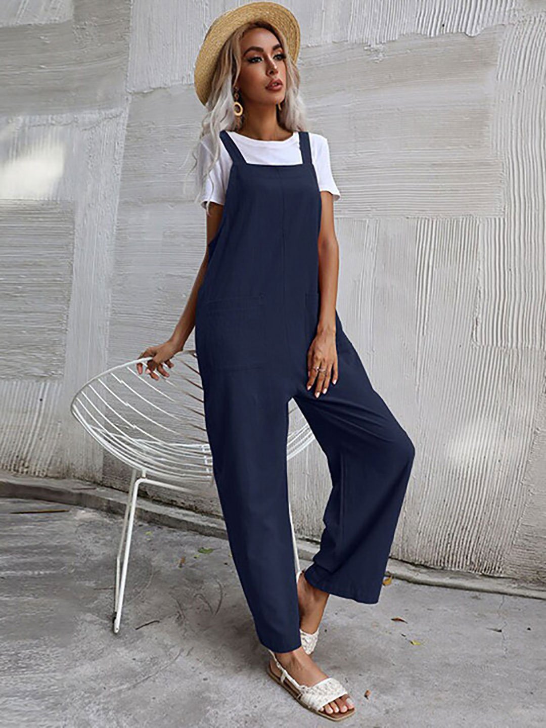 Navy Blue Shoulder Strap Relaxed Fit Cotton Jumpsuit