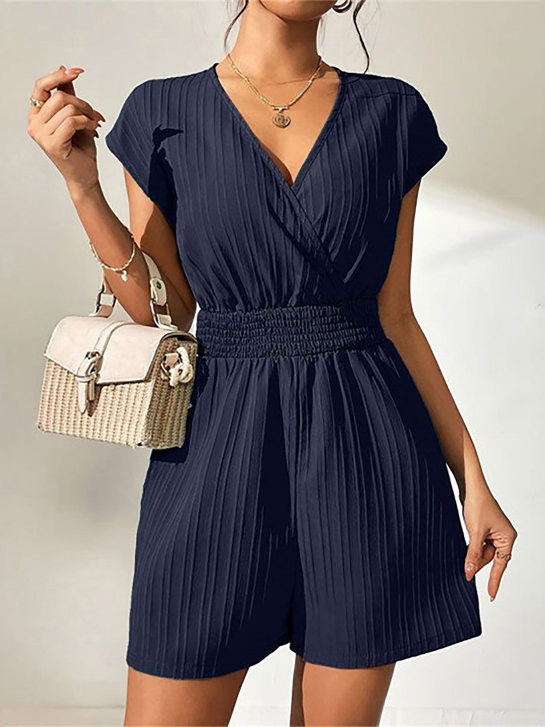 Navy Blue Striped V-Neck Short Jumpsuit
