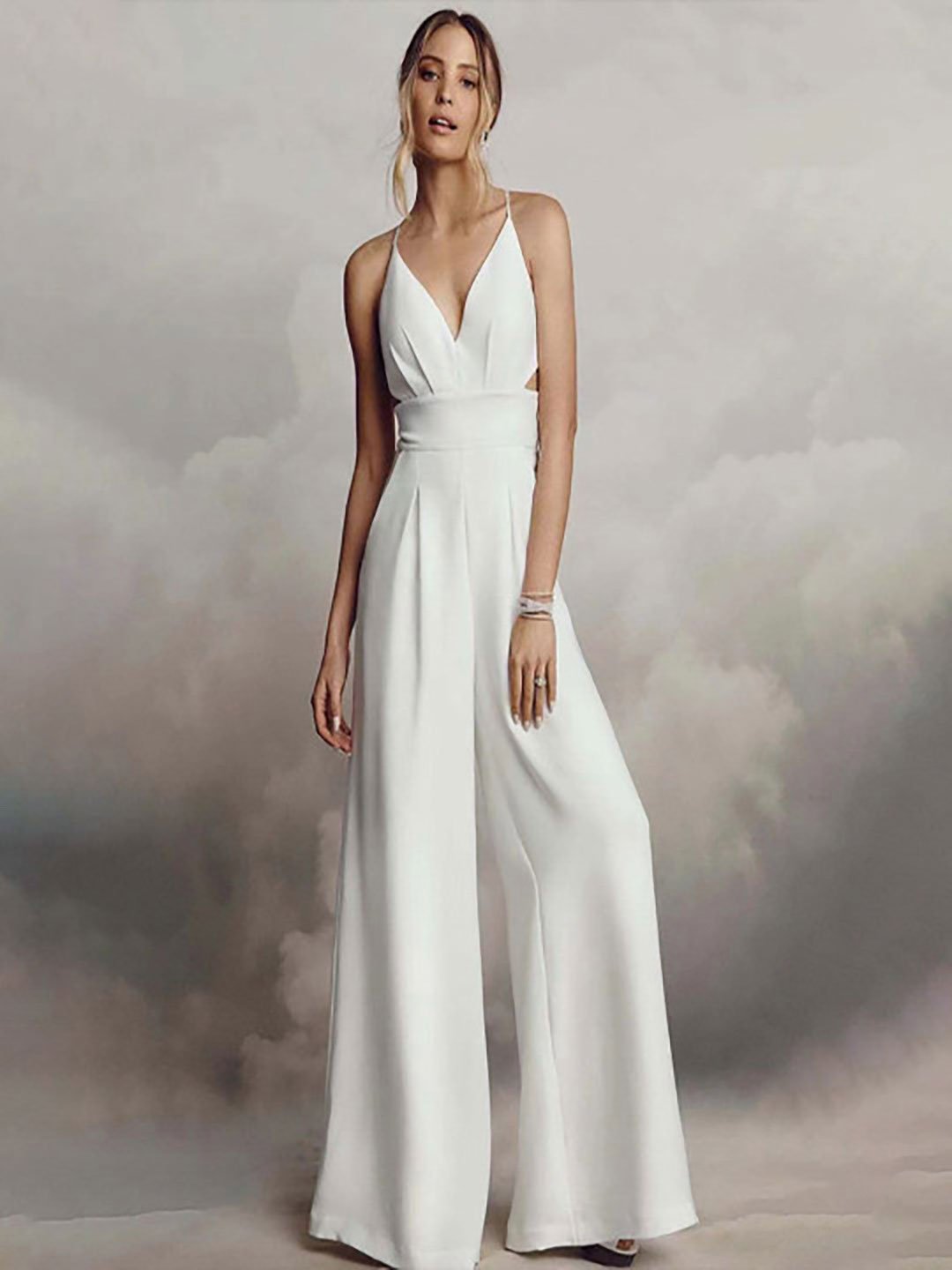 White Strappy Wide-Leg Pleated Jumpsuit