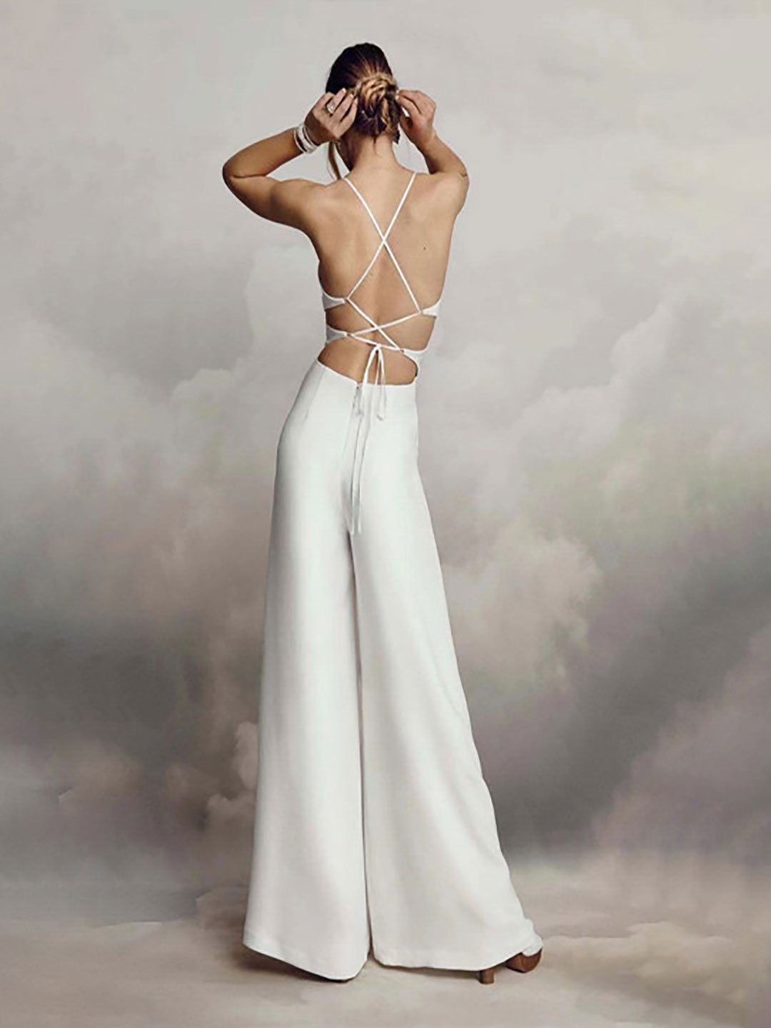 White Strappy Wide-Leg Pleated Jumpsuit