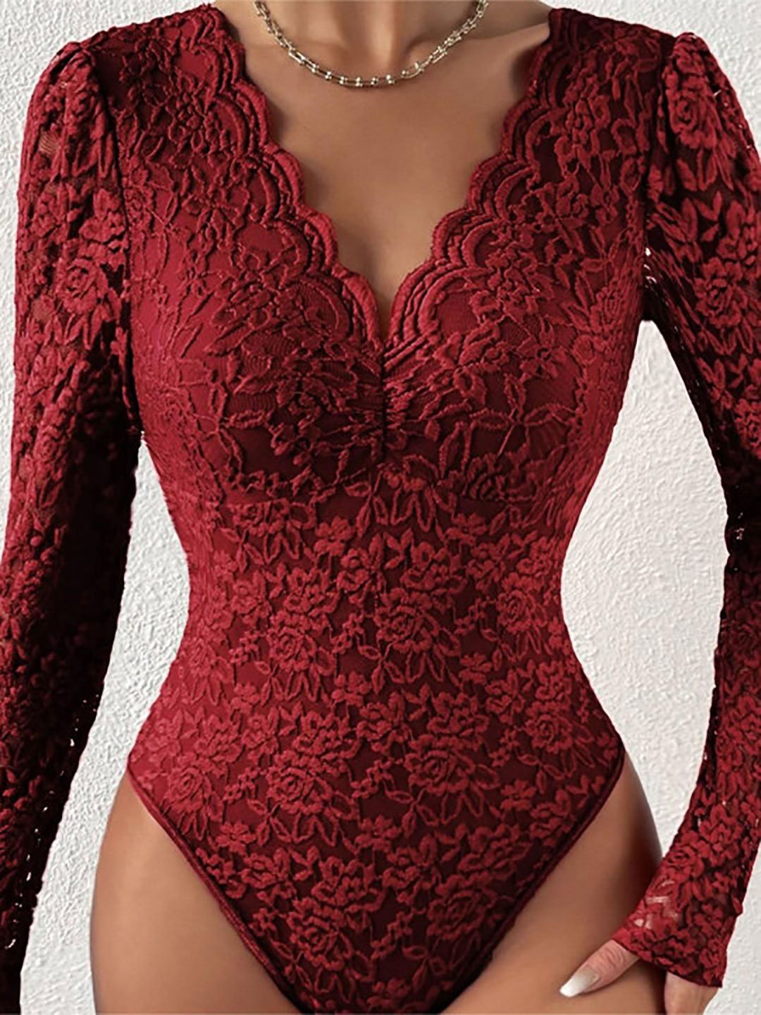 Maroon Embroidered Lace Bodysuit