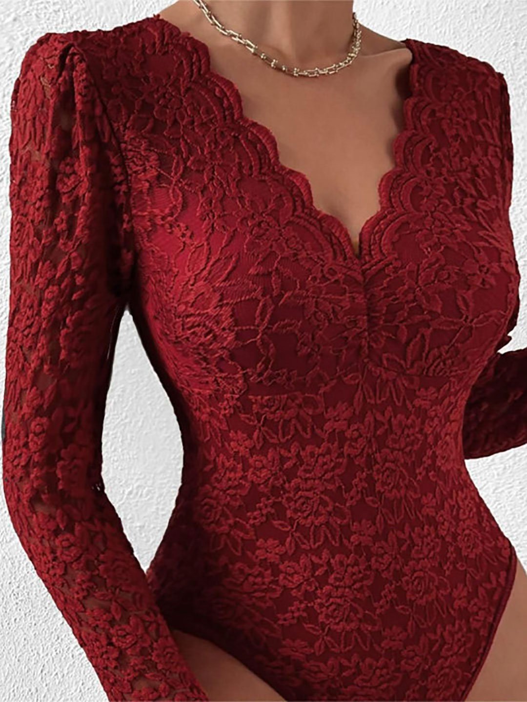 Maroon Embroidered Lace Bodysuit