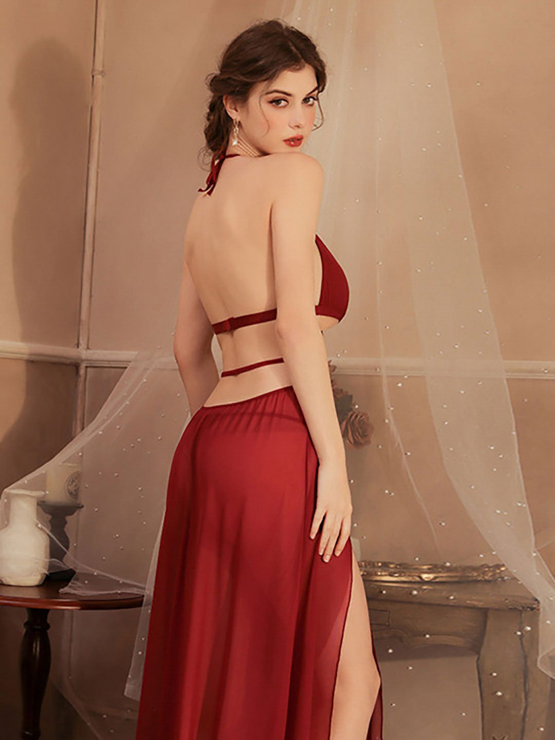 Maroon Sheer Strappy Slip Dress