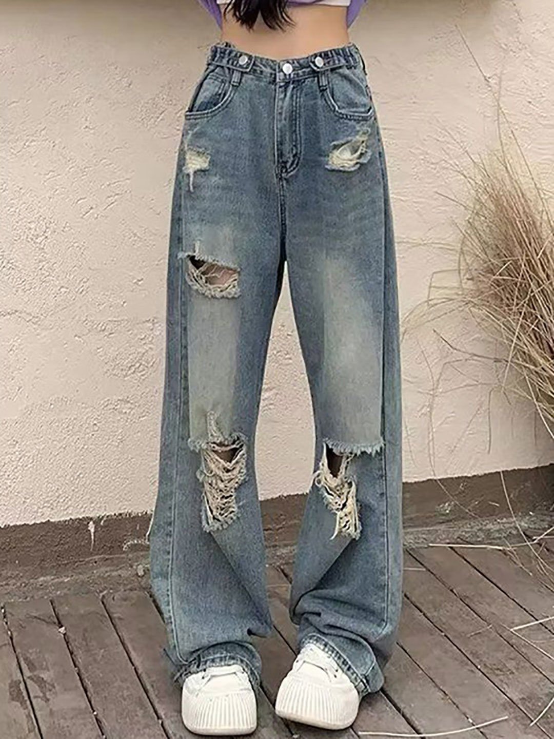 Blue Straight Fit High Rise Distressed Jeans