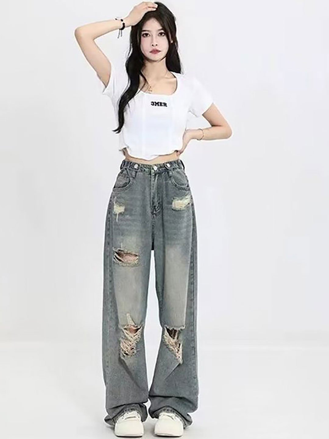 Blue Straight Fit High Rise Distressed Jeans
