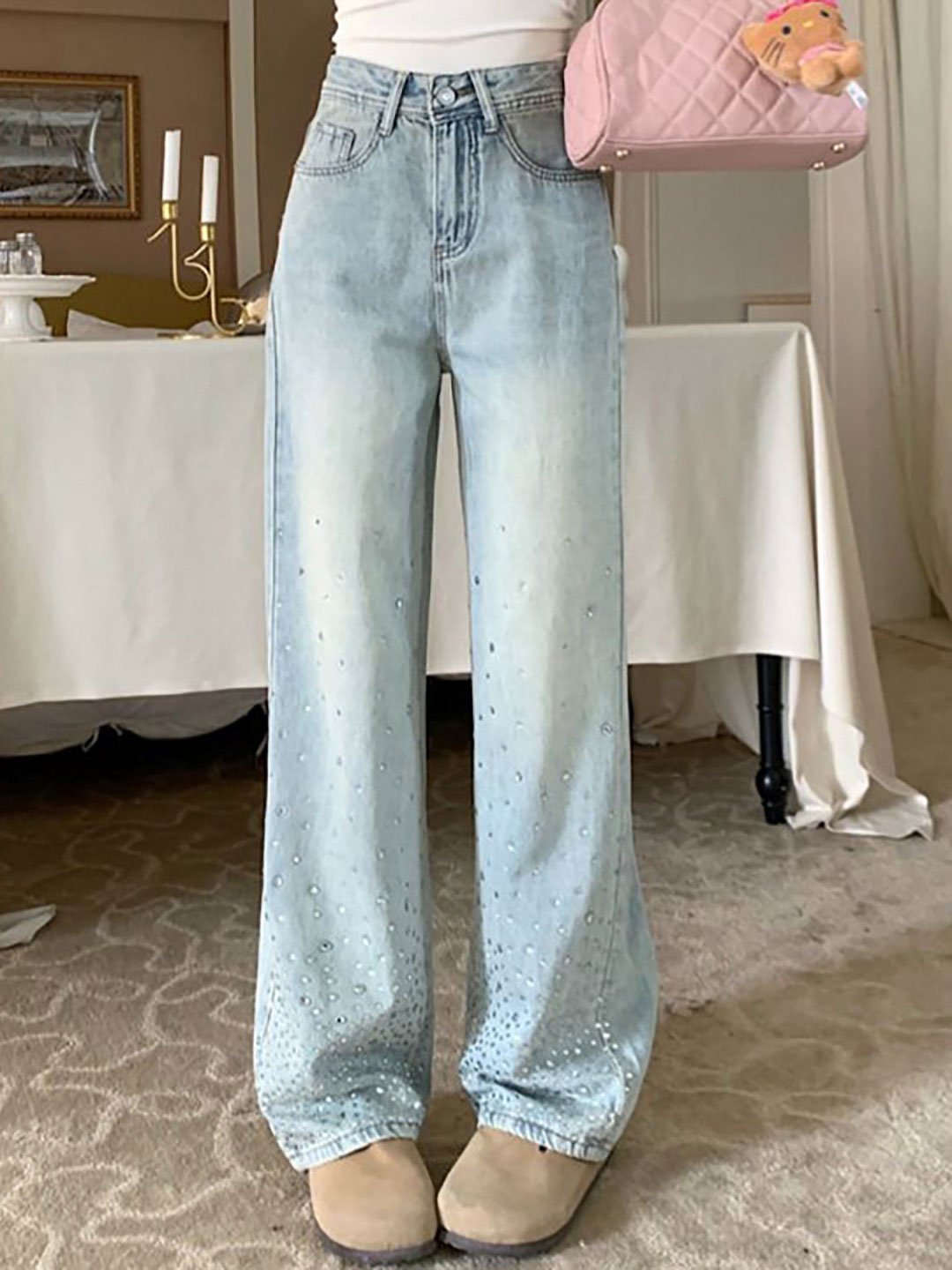 Blue Embellished Straight Fit High Rise Jeans