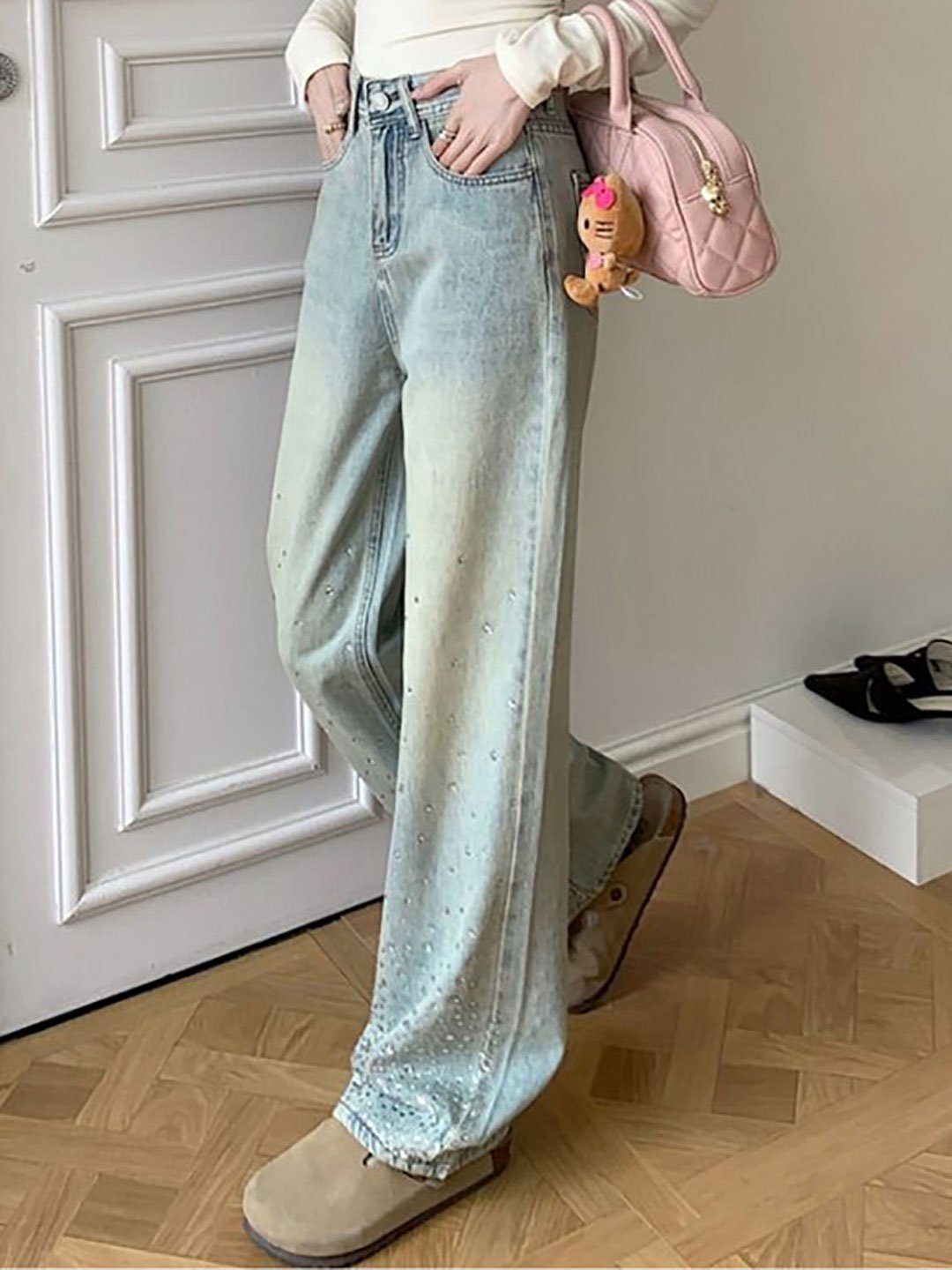 Blue Embellished Straight Fit High Rise Jeans