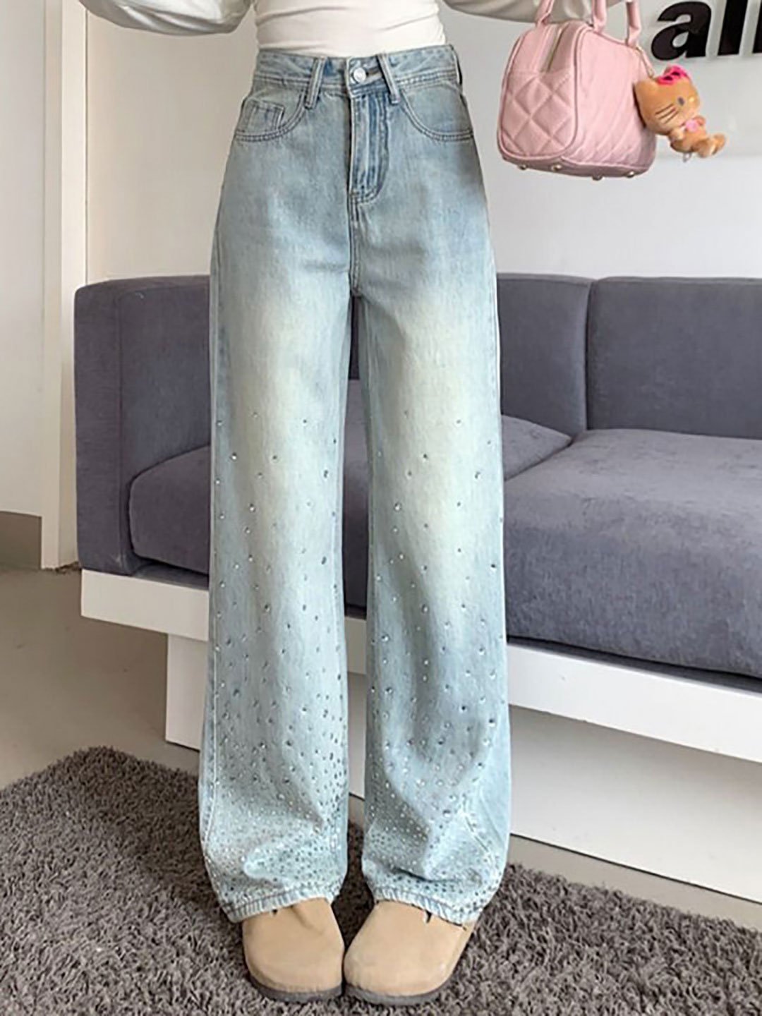 Blue Embellished Straight Fit High Rise Jeans