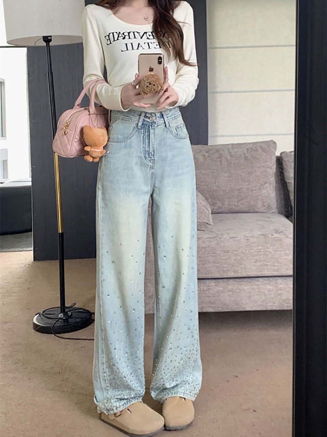Blue Embellished Straight Fit High Rise Jeans