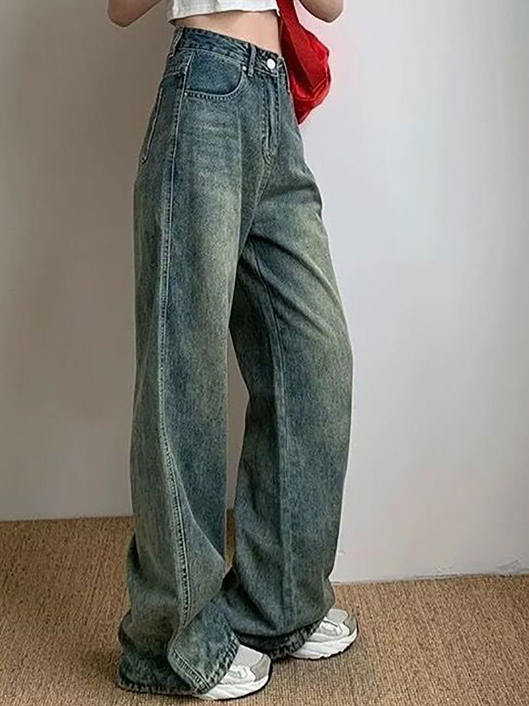 Blue Wide Leg High Rise Cotton Jeans