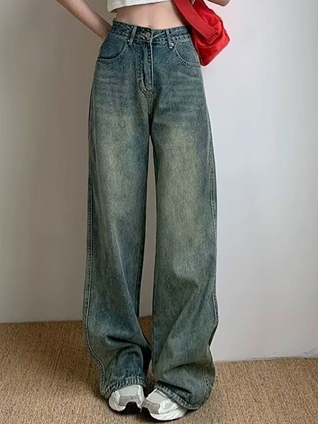 Blue Wide Leg High Rise Cotton Jeans