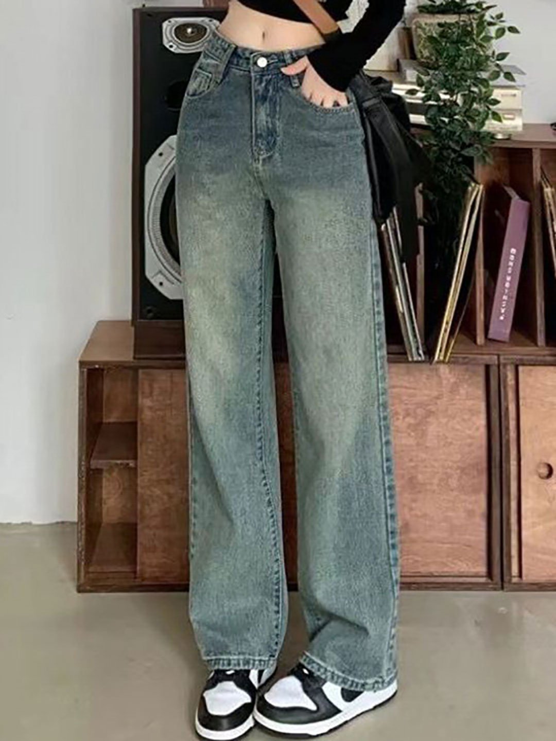 Blue Wide Leg Mid Rise Faded Jeans