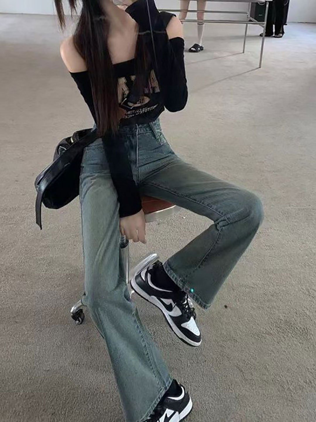 Blue Wide Leg Mid Rise Faded Jeans