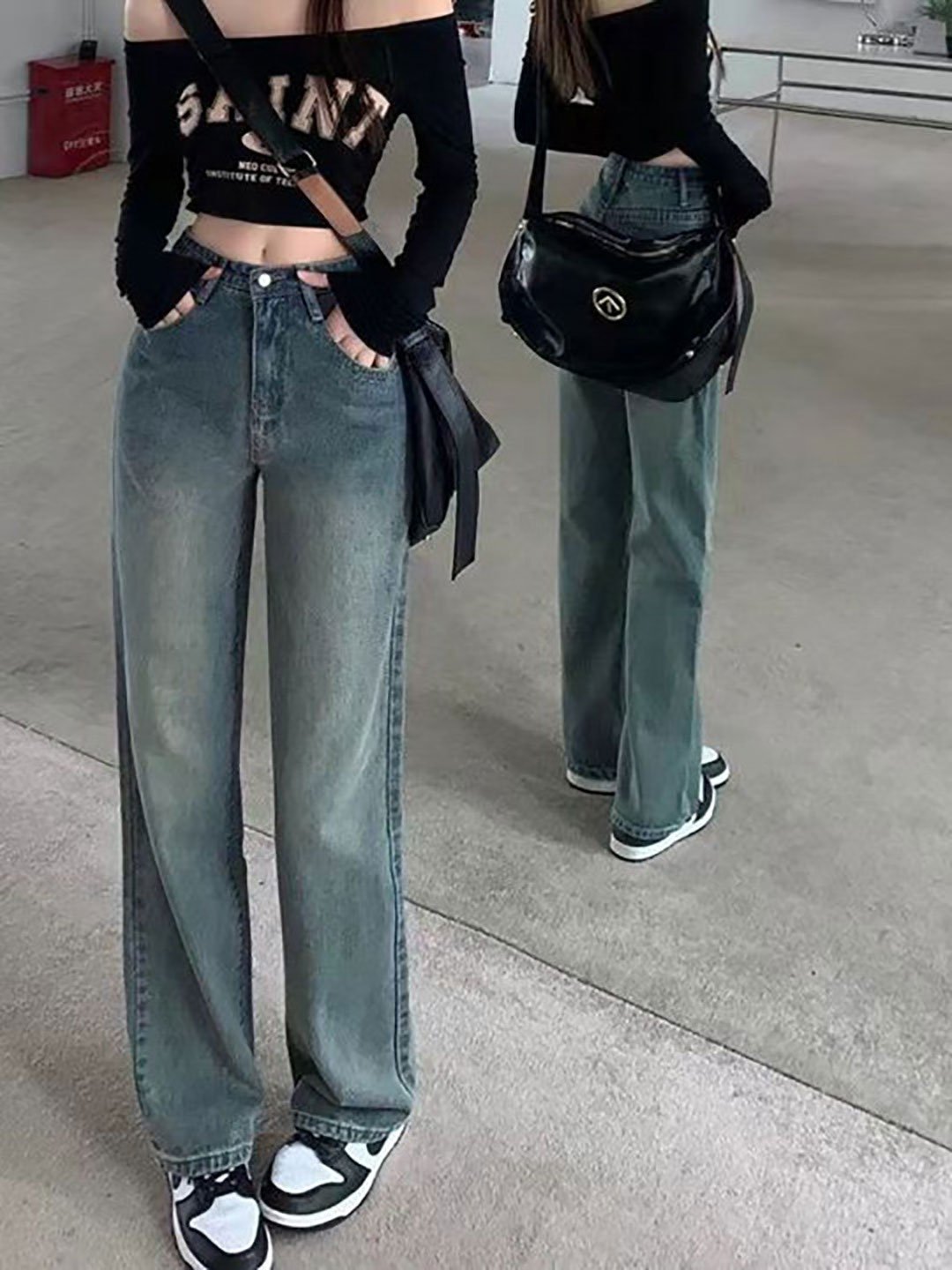 Blue Wide Leg Mid Rise Faded Jeans