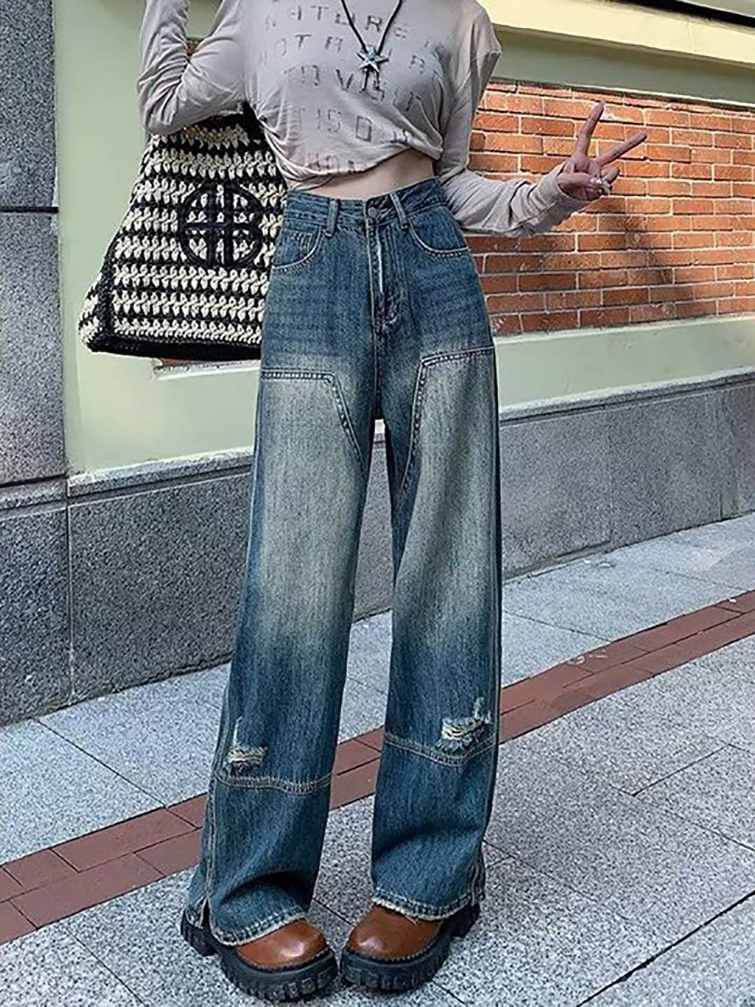 Blue Wide Leg High Rise Distressed Jeans
