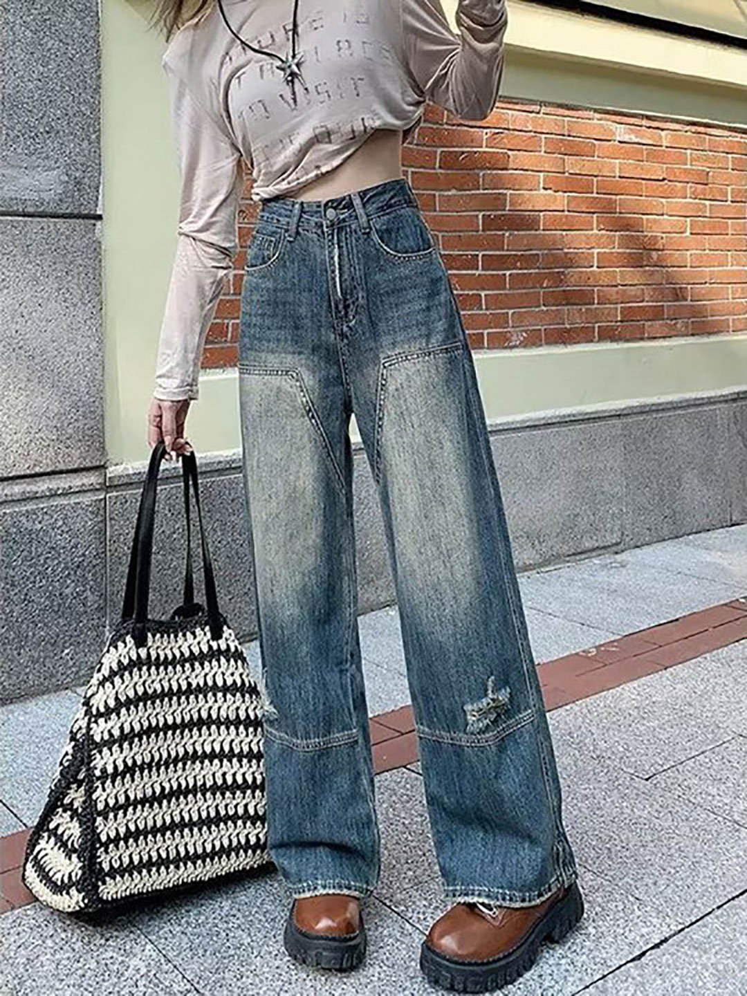 Blue Wide Leg High Rise Distressed Jeans