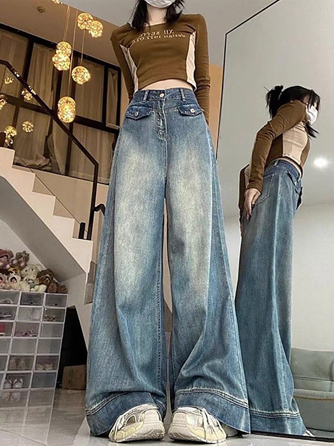 Blue Wide Leg High Rise Faded Jeans