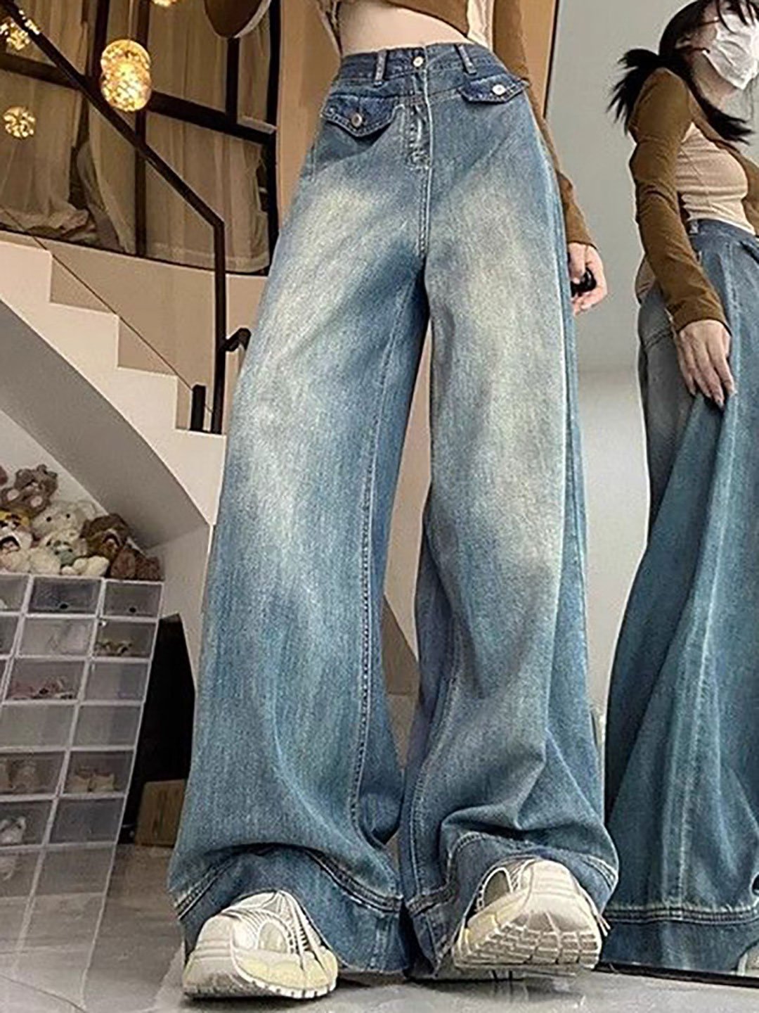 Blue Wide Leg High Rise Faded Jeans