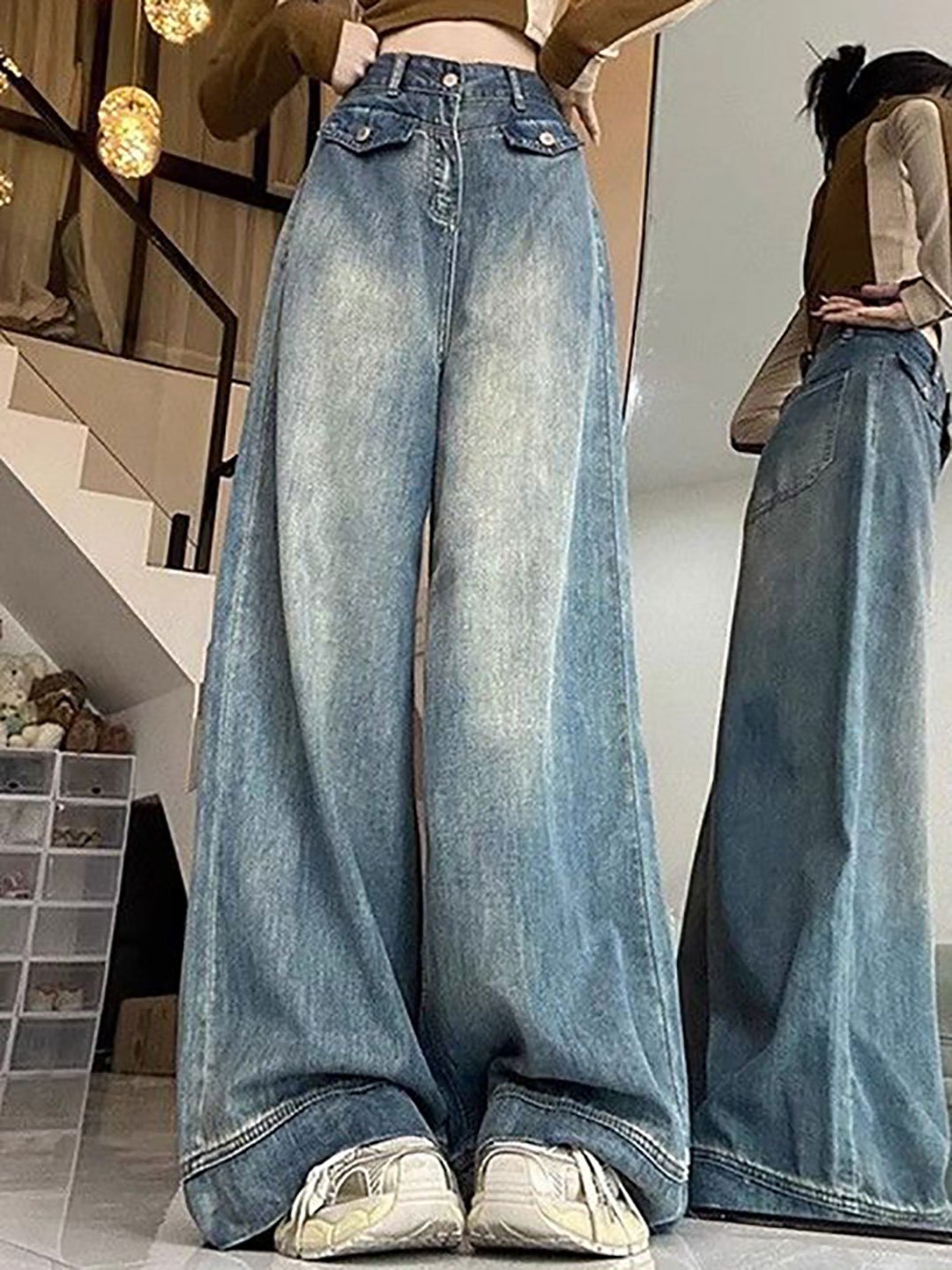 Blue Wide Leg High Rise Faded Jeans