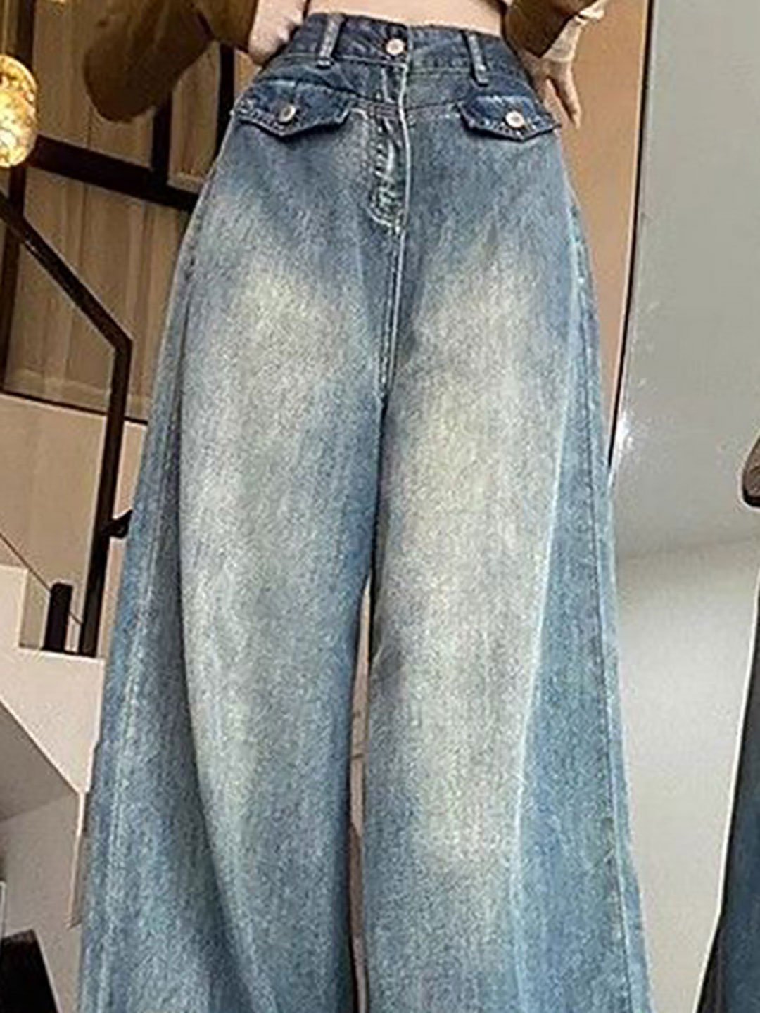 Blue Wide Leg High Rise Faded Jeans