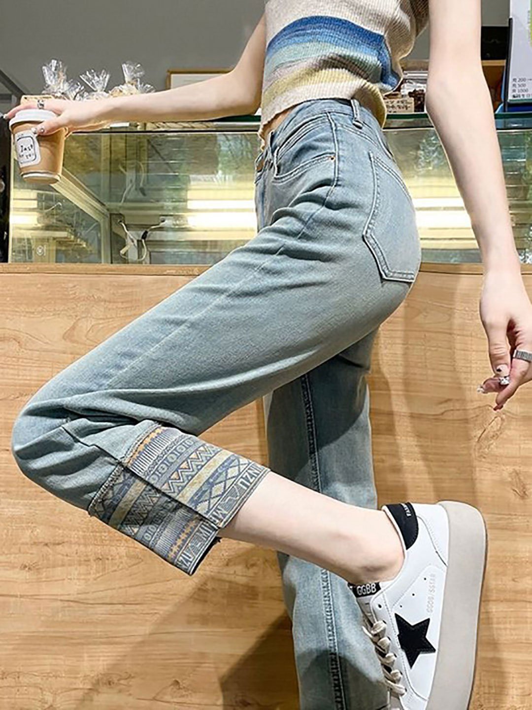 Blue Slim Fit High Rise Cotton Printed Jeans