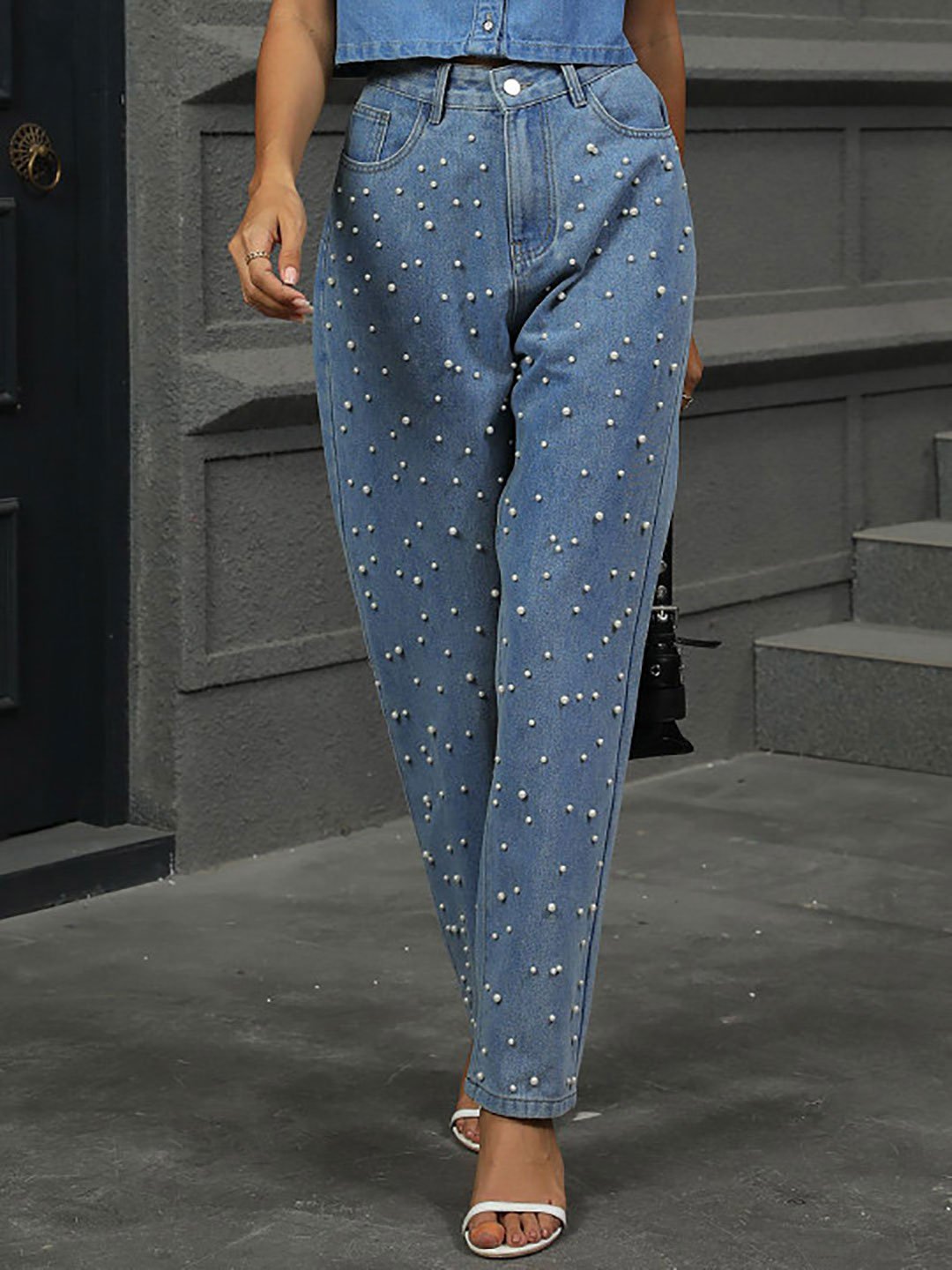 Blue Faux Pearl Embellished Regular Fit Jeans