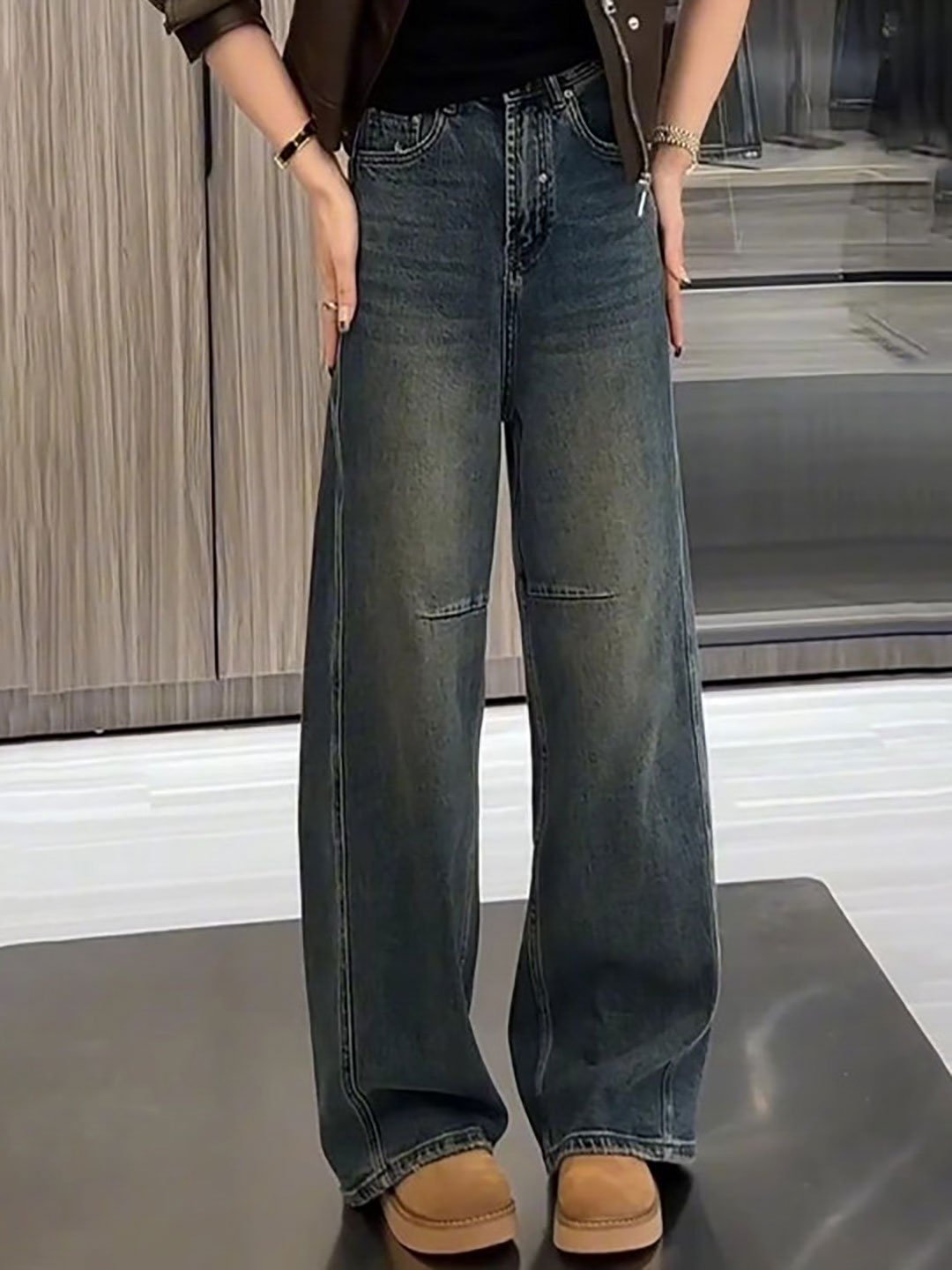 Blue Cotton Low Fade Wide Leg Jeans