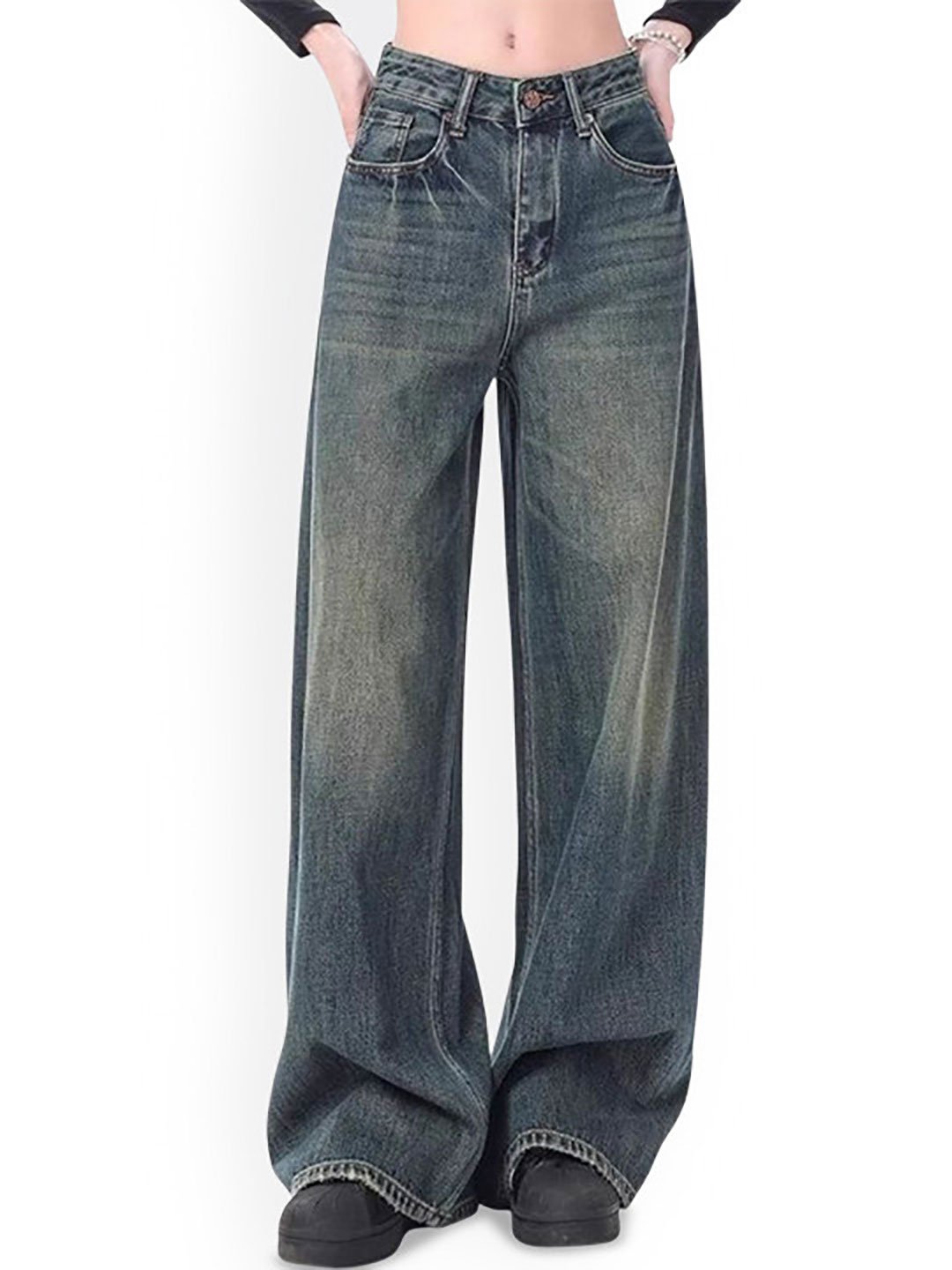 Blue Wide Leg High Rise Acid Wash Stretchable Jeans