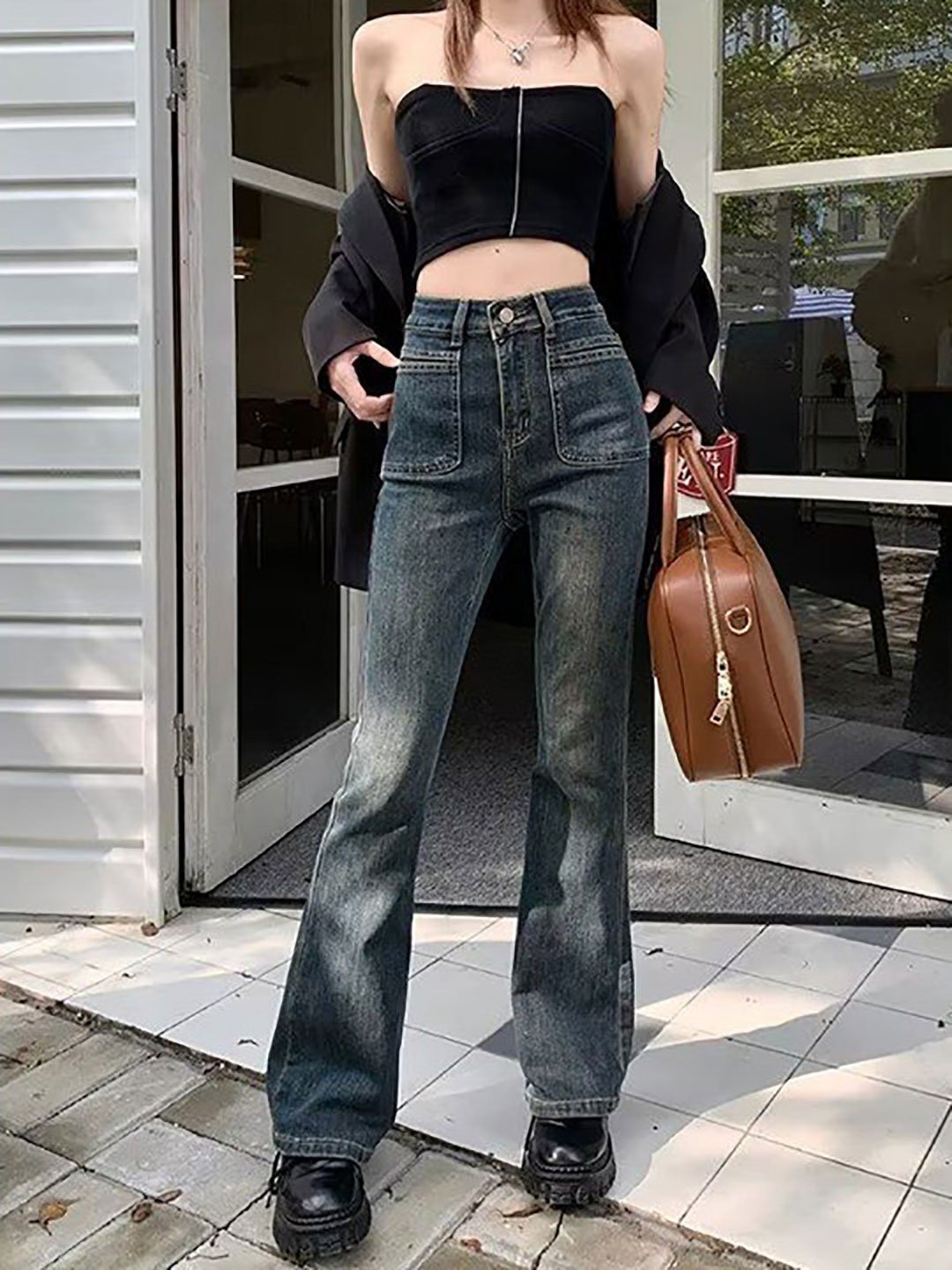 Blue Flared High Rise Low Fade Jeans