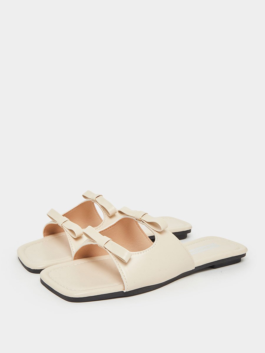 Beige Bow Detail Flat Sandals