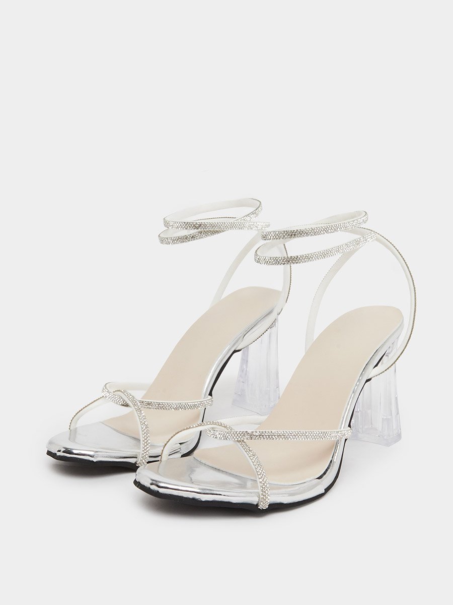 Silver Rhinestone Ankle Strap High Heel Sandals