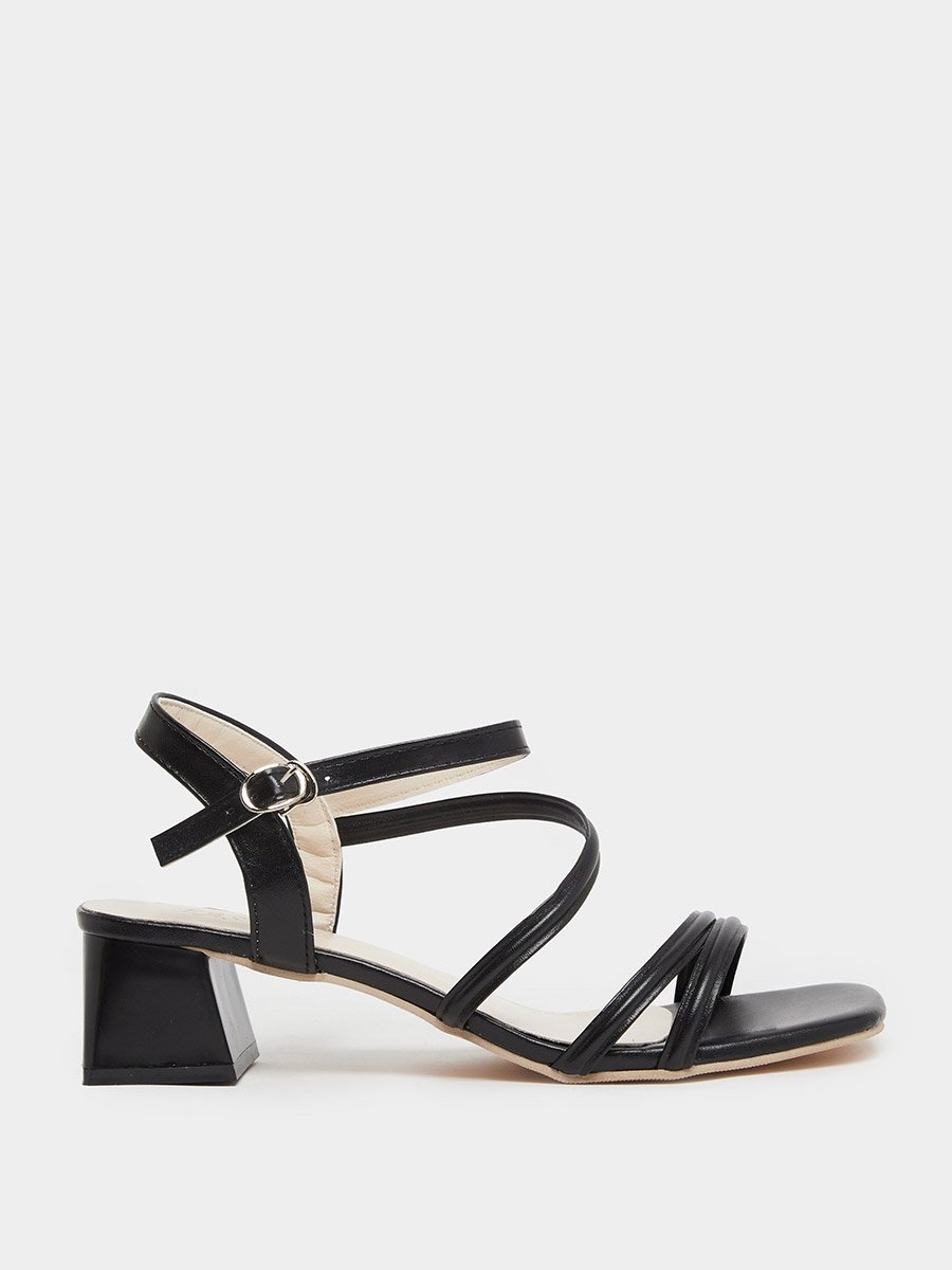 Black Square Toe Cross Straps Block Heel Sandals