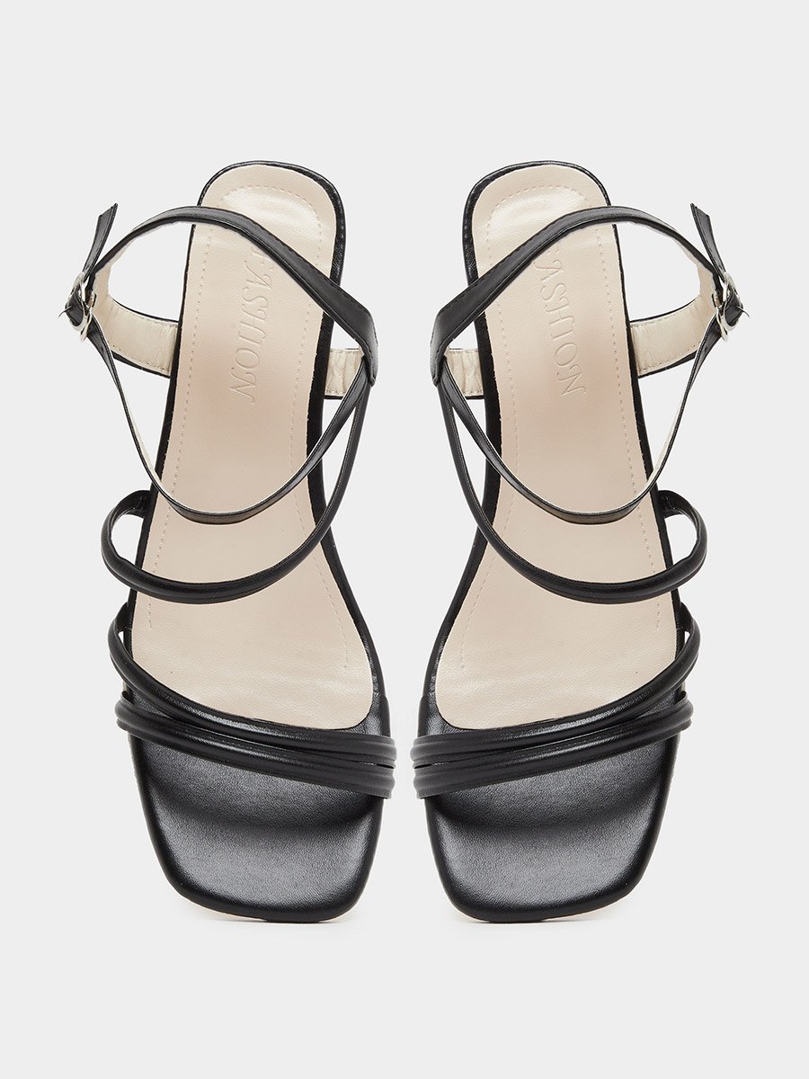 Black Square Toe Cross Straps Block Heel Sandals