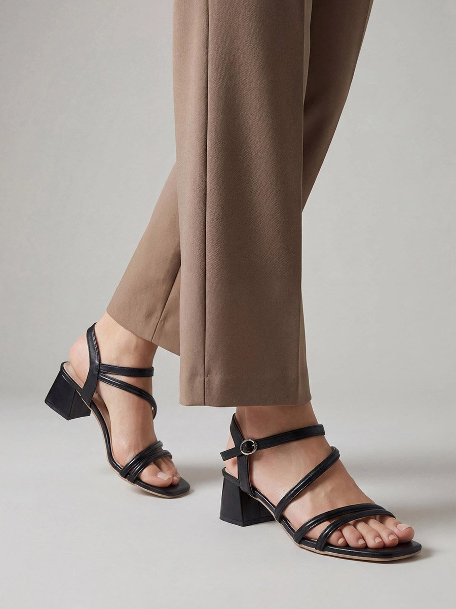 Black Square Toe Cross Straps Block Heel Sandals