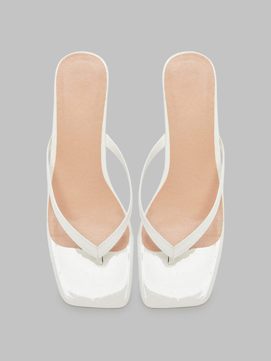 White Kitten Heel Thong Sandals