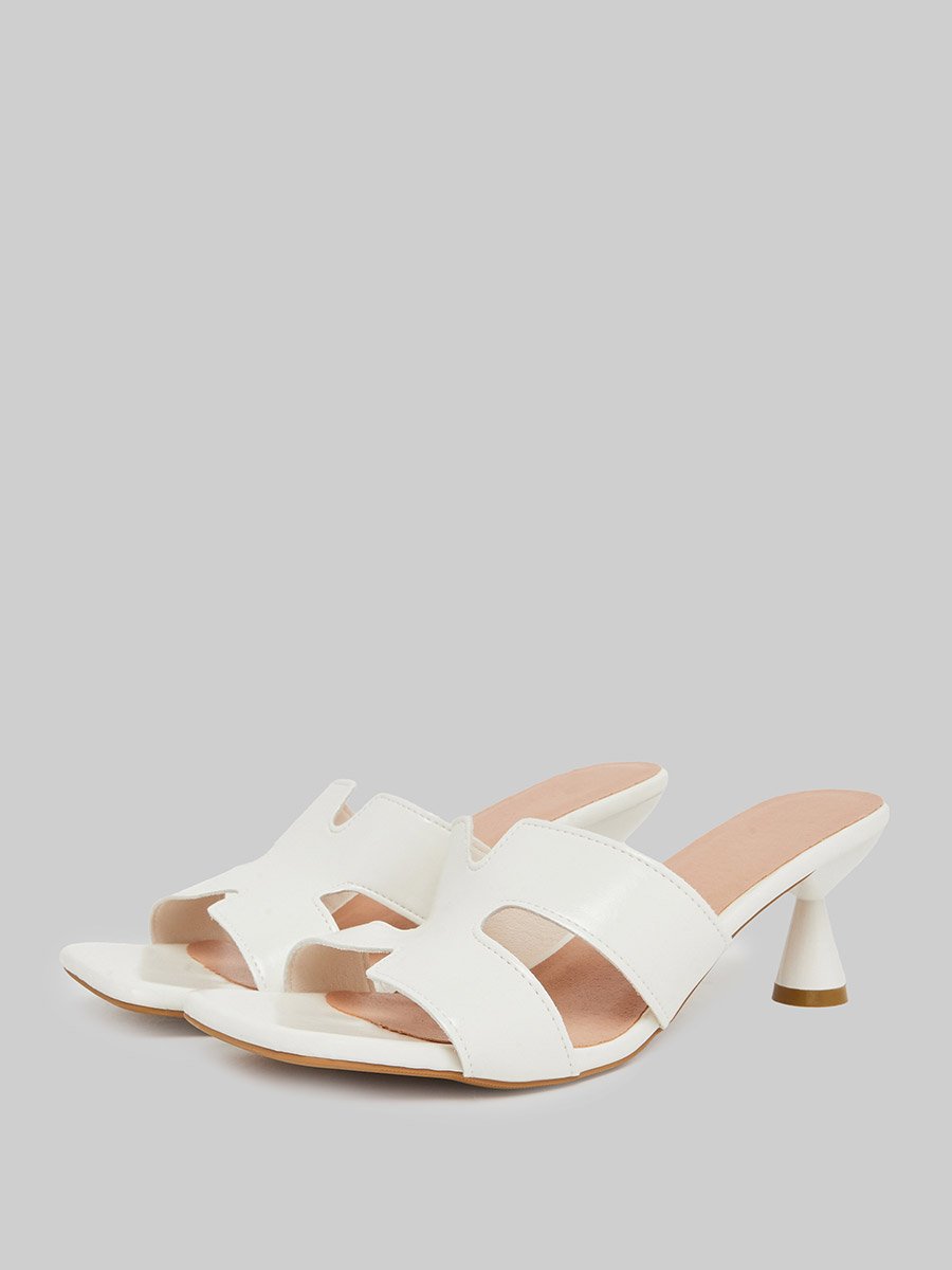White Slip-On Kitten Heel Sandals