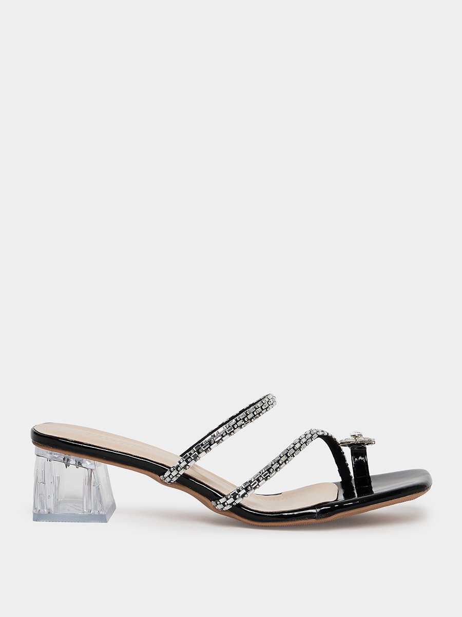 Black Embellished Block Heel Sandals 