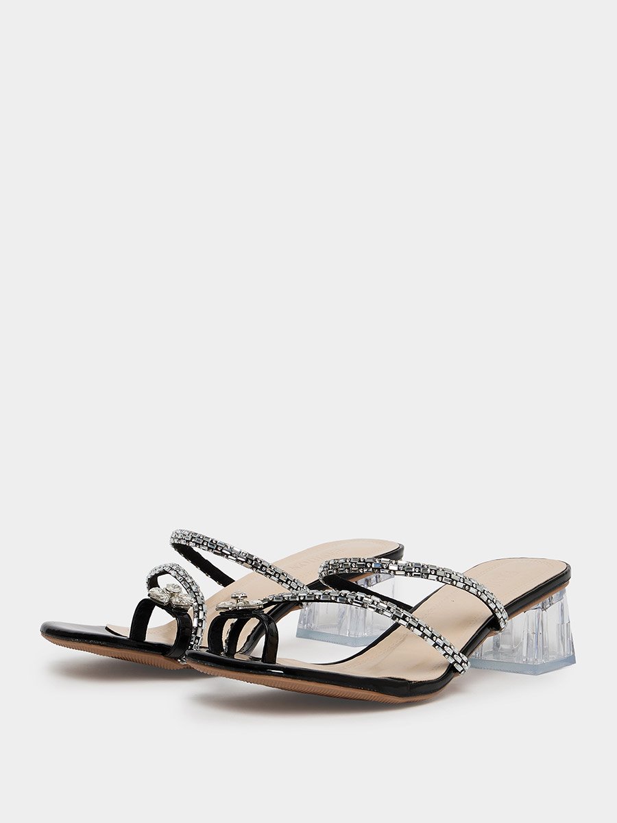 Black Embellished Block Heel Sandals 