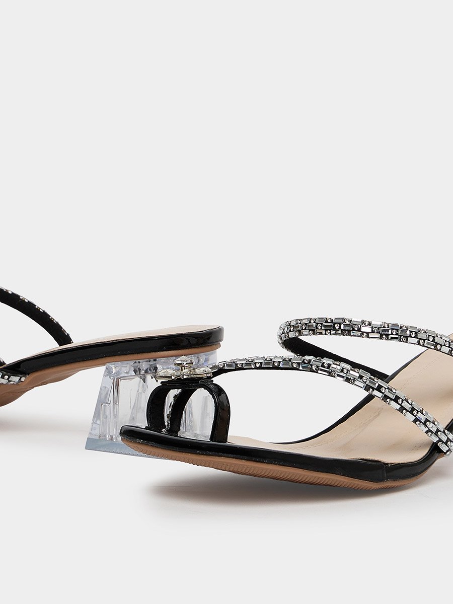 Black Embellished Block Heel Sandals 