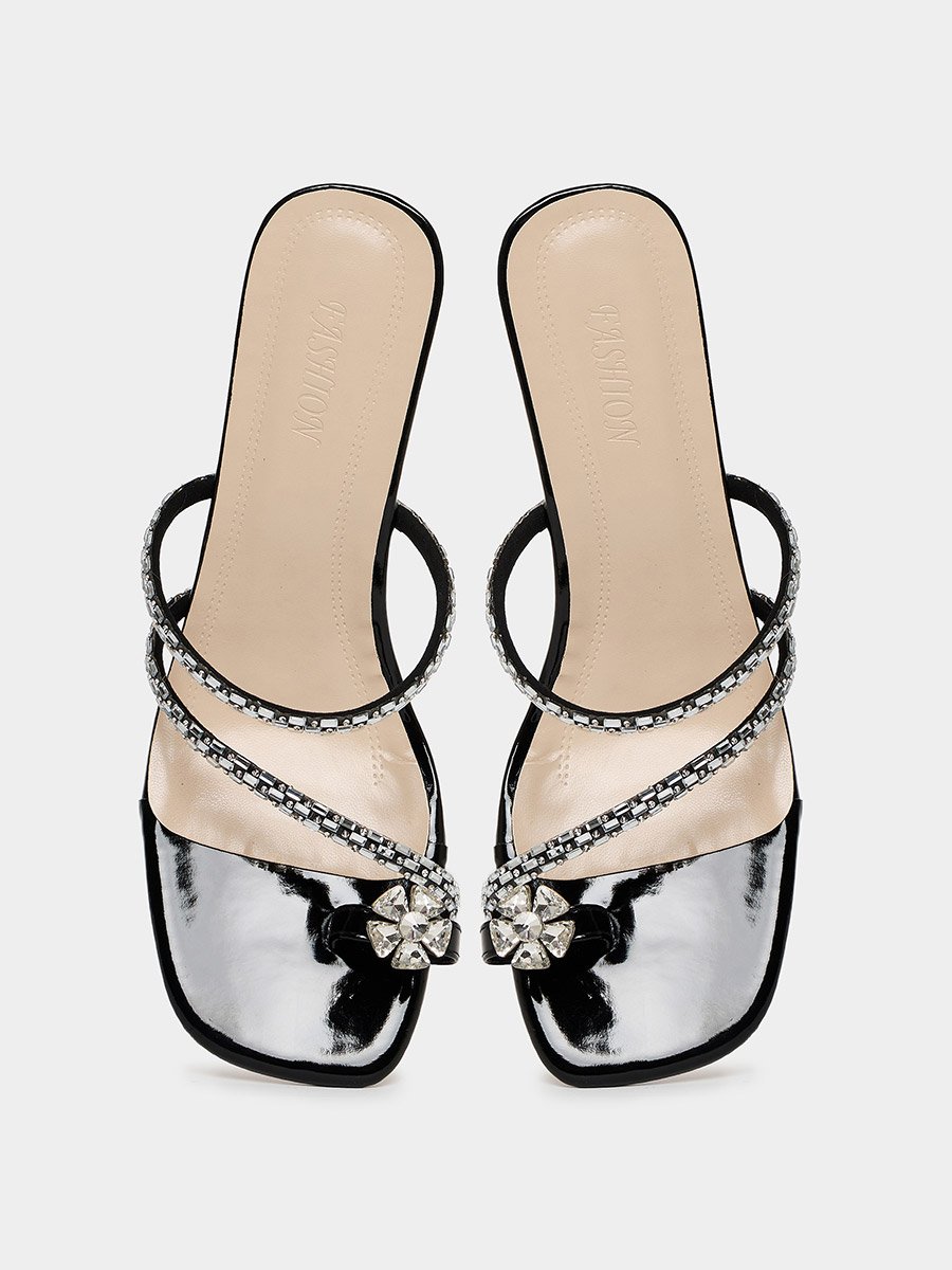 Black Embellished Block Heel Sandals 