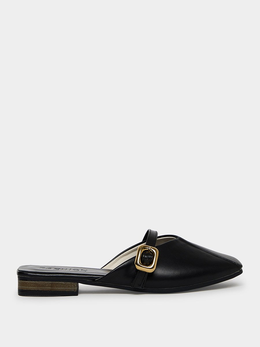 Black Buckle Flat Sandals