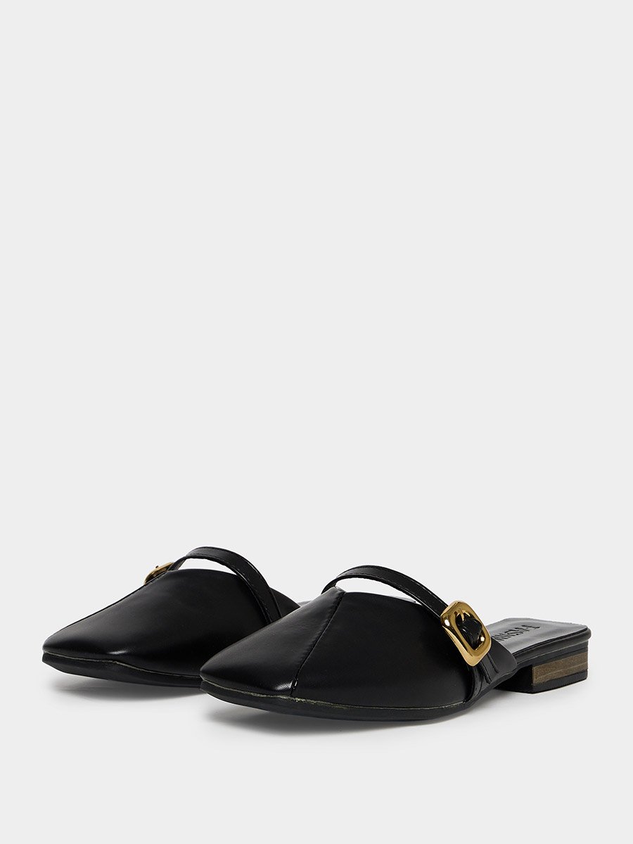 Black Buckle Flat Sandals