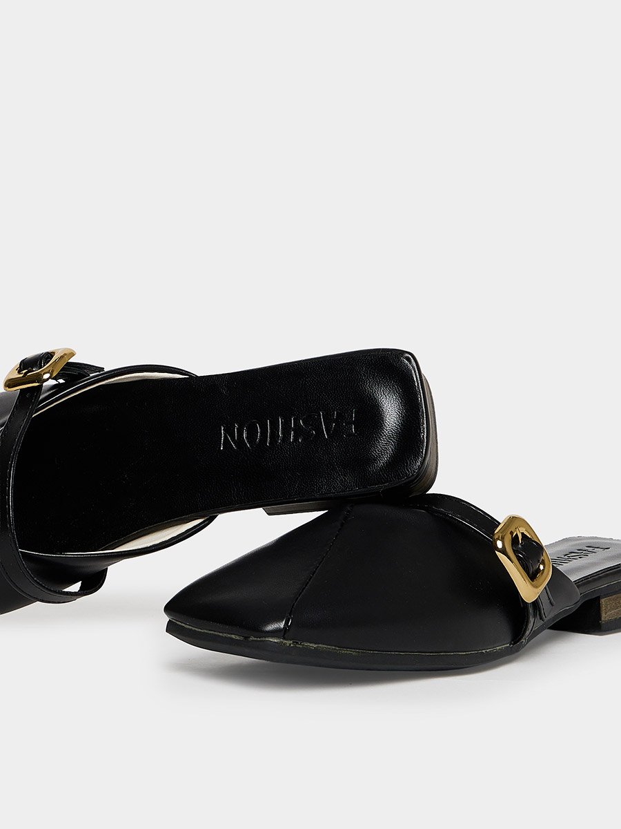 Black Buckle Flat Sandals