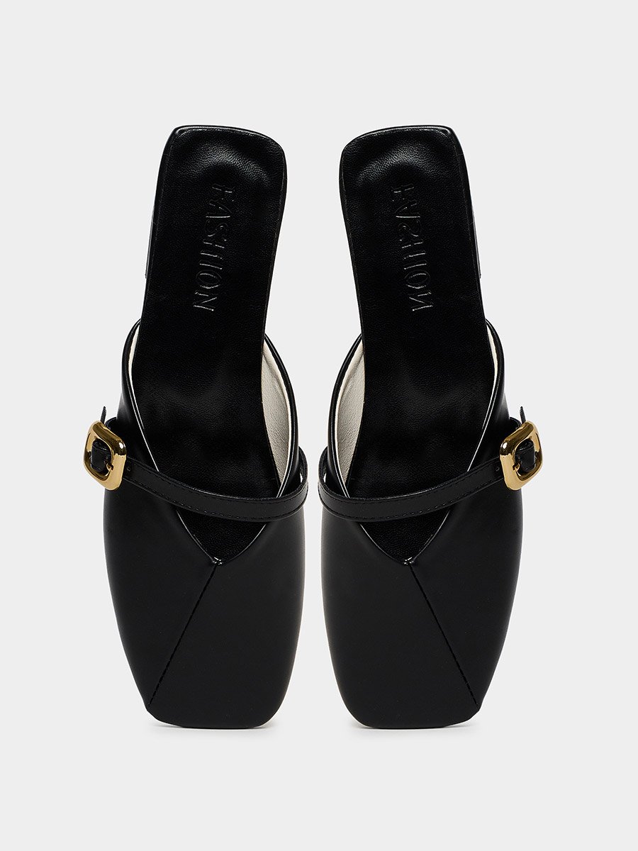 Black Buckle Flat Sandals