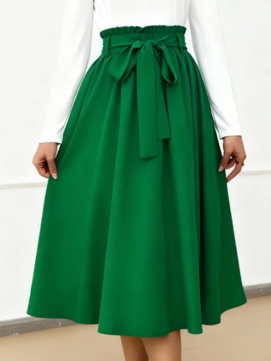 Emerald Green A-Line Midi Skirt with Bow Belt