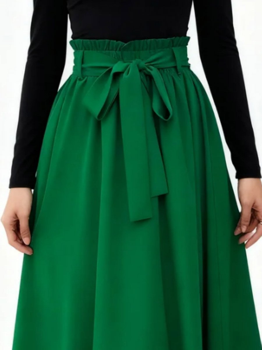 Emerald Green A-Line Midi Skirt with Bow Belt