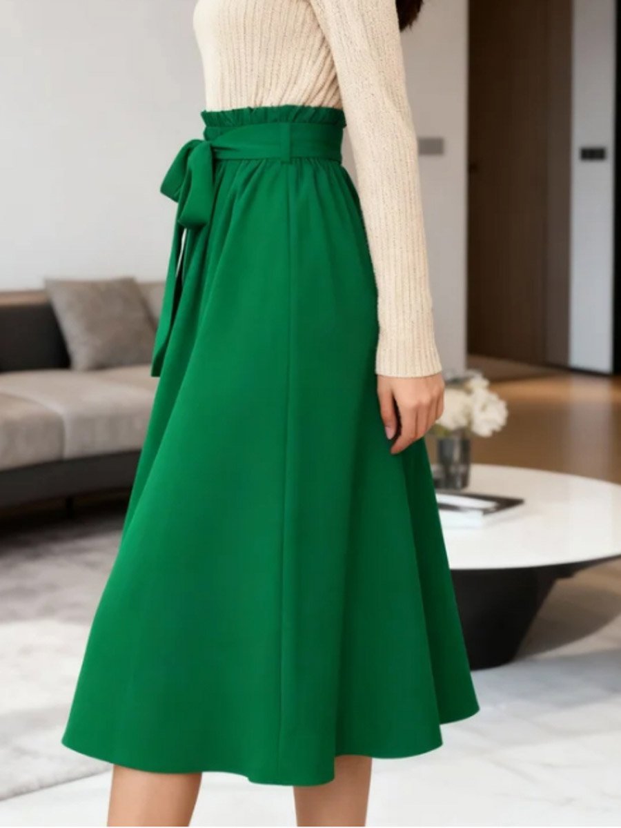 Emerald Green A-Line Midi Skirt with Bow Belt